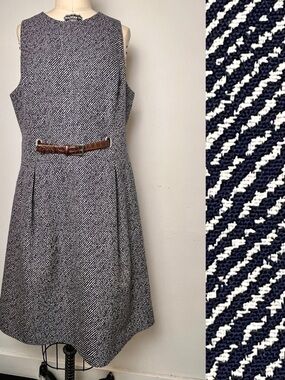 Sz 12 Michael Kors Collection Classic Navy & White Wool Sleeveless Dress